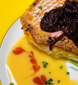 PAN ROASTED SNAPPER WITH BEURRE BLANC & RED ONION JAM