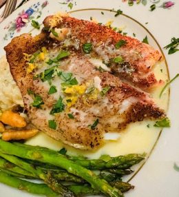 Baked Drum with Mushroom Risotto and Lemon Beurre Blanc